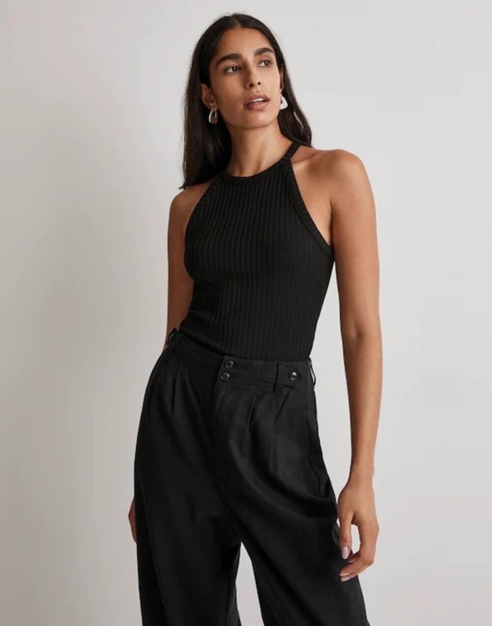 Madewell Ribbed Cutaway Crewneck Tank Top in True Black Size XXS